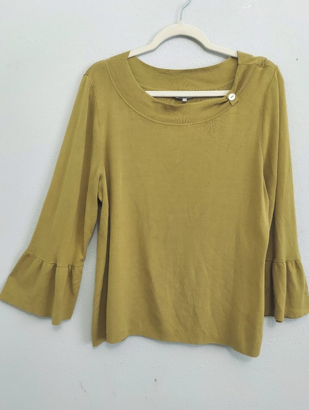Habitat Chartreuse Ruffle Bell Sleeve Knit Top Women XL Boho Lagenlook